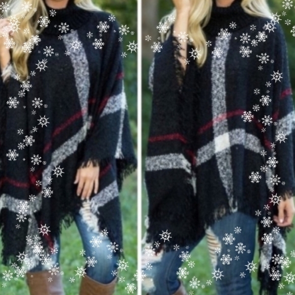 Sweaters - SALE! Turtleneck Poncho Sweater Plaid Black OS